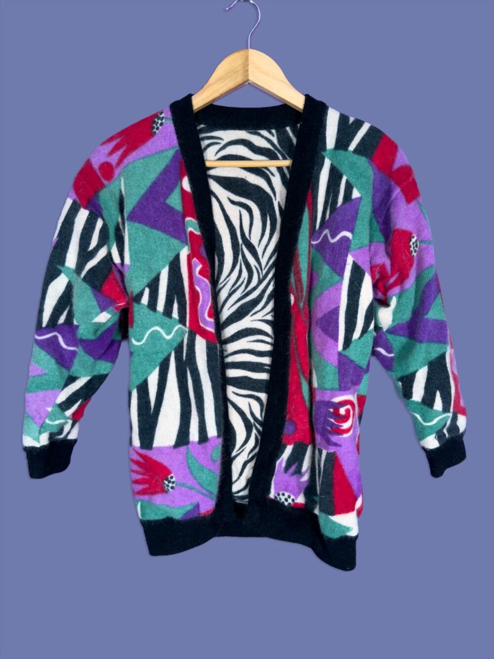 Reversible Abstract Print Open Front Cardigan Purple Zebra 80s 90s Artwear